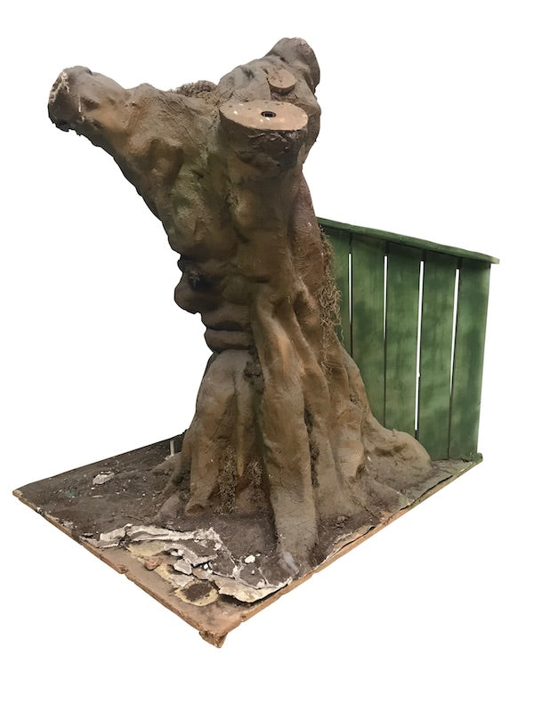 Tree trunk with a small shed
