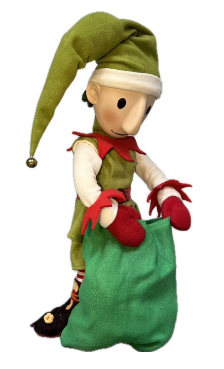 Elf with button eyes and a large jute sack (Christmas bakery)