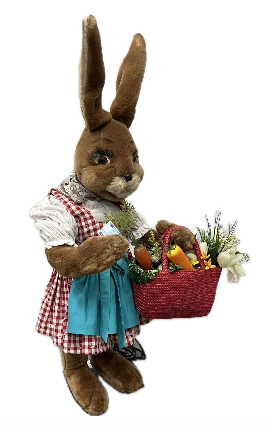Häsin mit Gemüse im Einkaufskörbchen