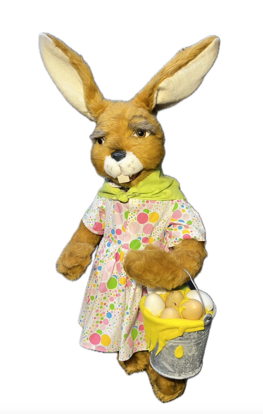 Hare/doe collects eggs in a zinc bucket