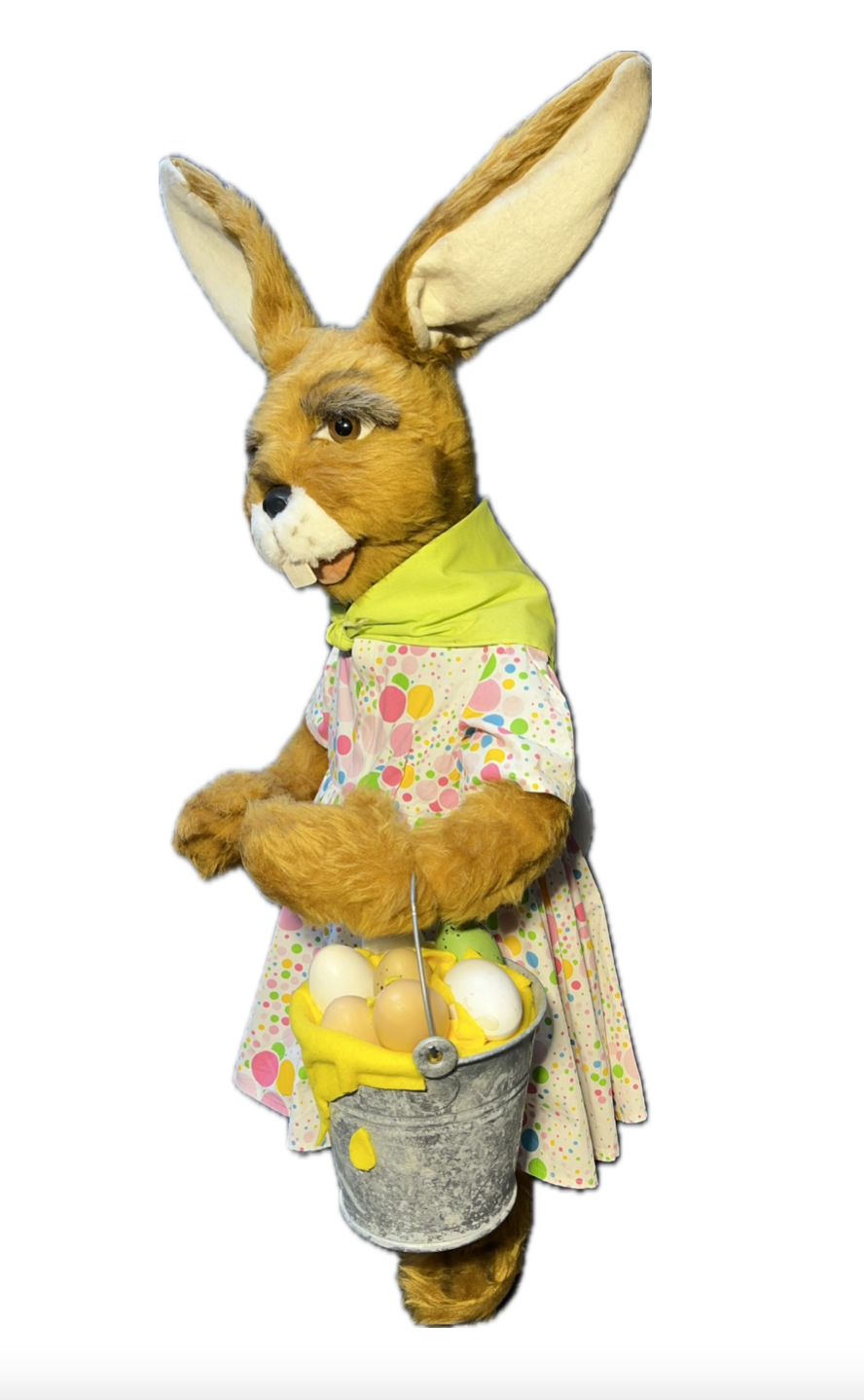 Hare/doe collects eggs in a zinc bucket