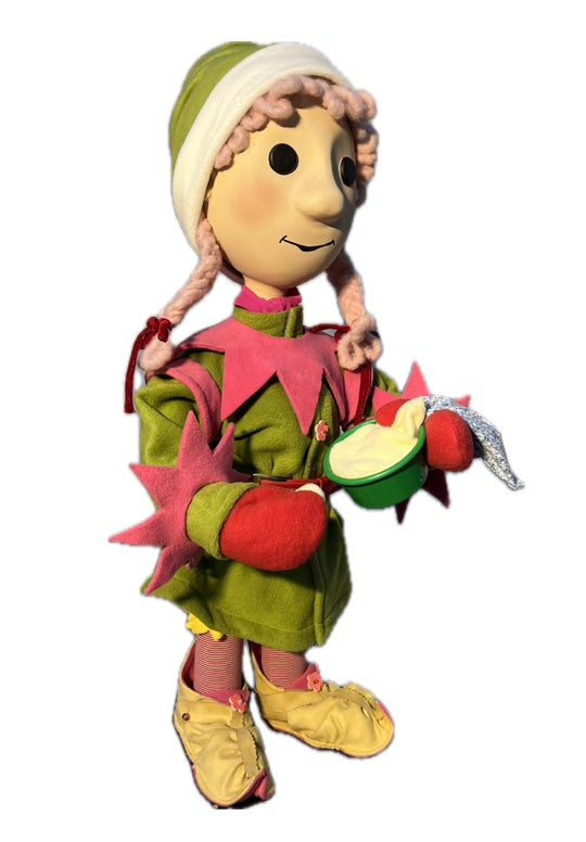Elf girl with button eyes and pink braids and a mixing bowl (Christmas bakery) 